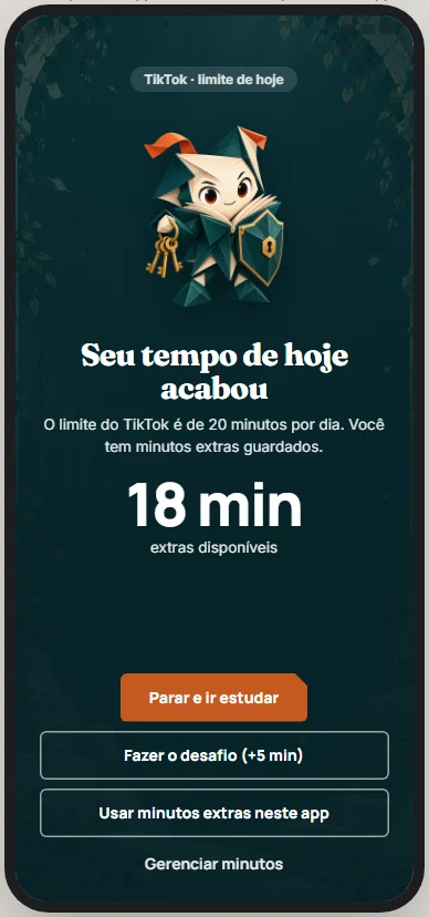 Ilustração aprovada: Tela que aparece quando o tempo do app acaba